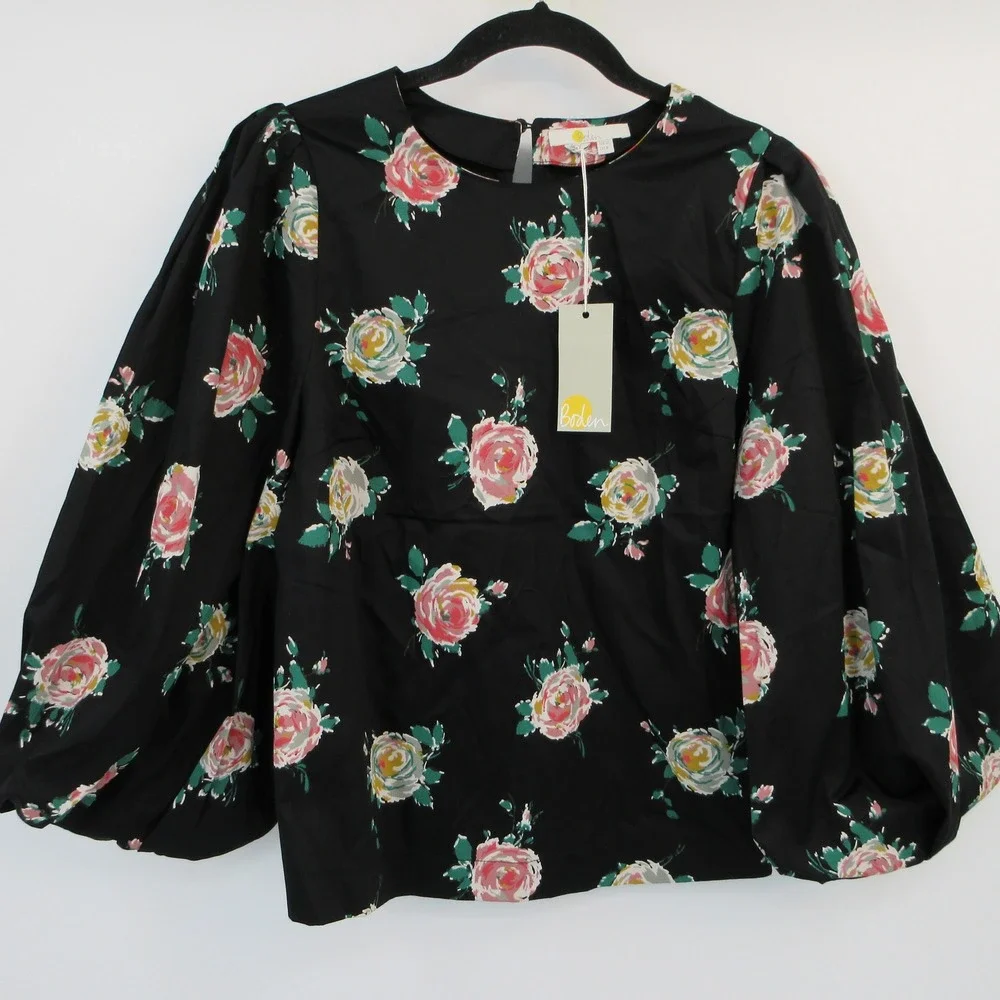 NWT Boden Womens Black Floral Rose Puff Sleeve Cotton Poplin Top US 8